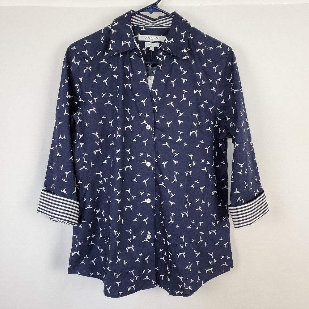 Foxcroft Non-Iron Navy White Bird Button Sz Small